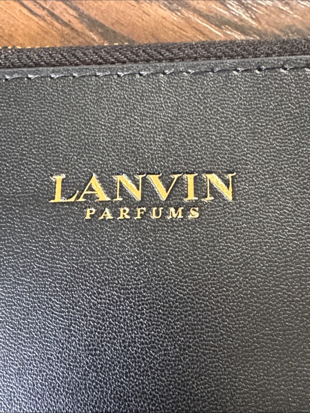 Lanvin Black Leather Toiletry Zip Pouch with Gold Logo